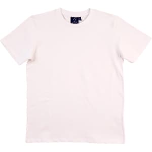 A fitted stretch tee in white, featuring a label with a logo on the neckline.