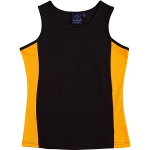 A black and yellow ladies singlet featuring a logo on the label. Short, sleeveless design.
