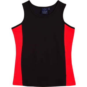 A black singlet with red contrast panels and a logo on the neckline.