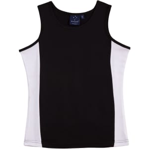 A black and white ladies singlet with a contrast design and a branding label inside.