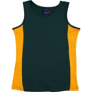 A green and yellow singlet featuring a logo on the label, designed for ladies.