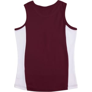 A maroon and white singlet featuring a contrasting design and a logo.
