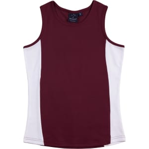 A burgundy and white ladies' singlet with a logo on the tag. The design features a contrast colour panel.