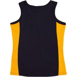 A dark navy and bright yellow ladies' singlet featuring a contrasting design and a logo.