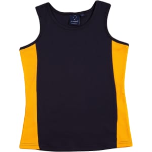 A black and yellow ladies singlet with a fitted design and a logo on the label.