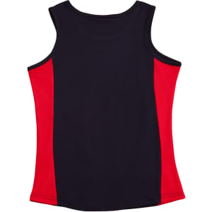 A ladies singlet featuring a navy body with red contrast side panels and a logo on the front.