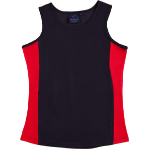 A sleeveless singlet featuring a black front with contrasting red side panels, and a tag on the inside.