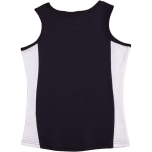 A sleeveless singlet with a navy body and white side panels, featuring a logo on the front.