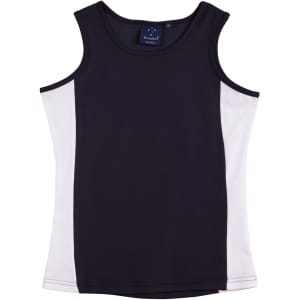 A black and white singlet with a logo, featuring contrast panels on the sides.
