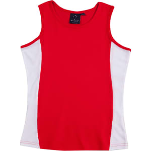 A red singlet with white side panels, featuring a branding logo on the label.