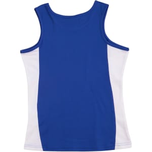 A blue and white singlet featuring contrasting panels and a logo on the back.