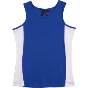 A blue singlet with white contrast panels and a brand logo on the neckline.