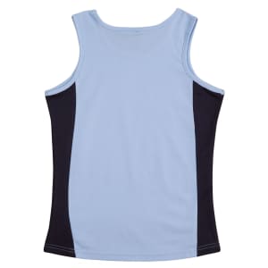 A light blue singlet with black contrast panels on the sides, featuring a logo. Suitable for women's wear.