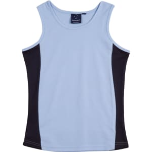 A light blue singlet with black contrast panels on the sides, featuring a logo on the label.