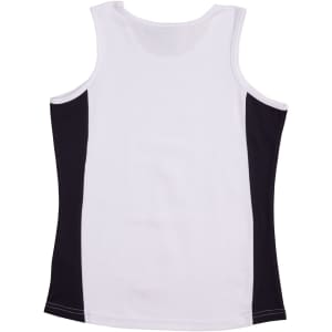 A white and black ladies singlet with a contrast design and a logo on the back.