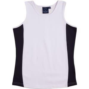 A ladies singlet in white with black contrast panels, featuring a logo on the label.