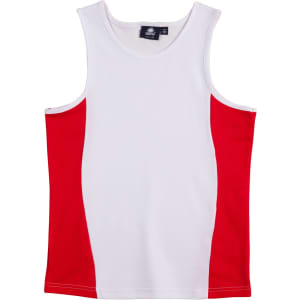 A ladies' singlet featuring a white front and red side panels, with a tag and logo on the neckline.