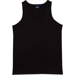 A black men's cotton singlet with a round neckline and no sleeves. It features a branding label.
