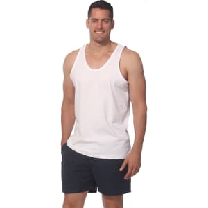 A men's cotton singlet in white, featuring a relaxed fit and accompanied by black shorts. It has a logo on the garment.