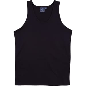 A black men's cotton singlet with a simple design and a small logo on the label.