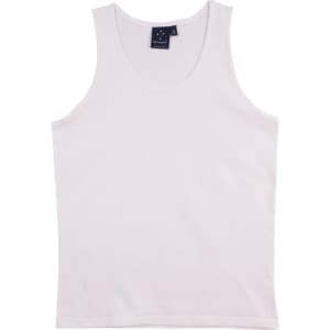 A white men's cotton singlet with a round neckline. It features a logo label on the inside.