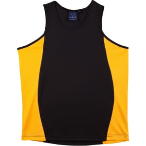 A black and yellow men's singlet with a contrast mesh design and a tag inside. It features a logo on the label.
