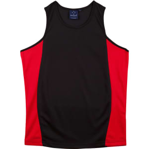 A black singlet with red contrast panels, featuring a logo on the neckline. Made from lightweight material.