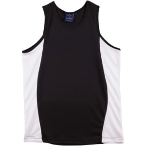 A black singlet with white contrast panels, featuring a logo on the label at the neck.