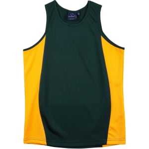 A green and gold men's singlet featuring a contrast mesh design and a logo on the inside label.