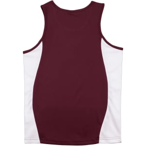 A maroon and white men's singlet featuring a contrast mesh design and a logo.