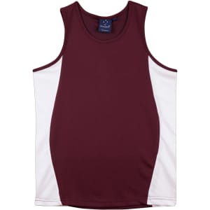 A maroon singlet featuring white contrast mesh panels and a logo on the tag.