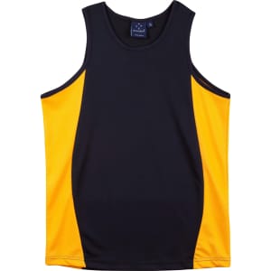A men's singlet featuring black and orange contrast panels, with a logo on the inside tag.