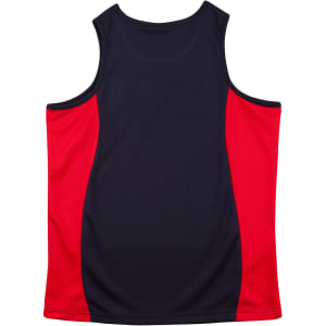 A sleeveless singlet featuring a navy blue base with red contrast panels, including a logo on the front.