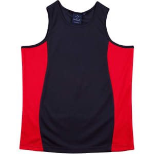 A sleeveless singlet featuring a navy body and red contrast panels, with a tag indicating branding.