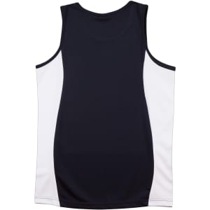 A men's singlet featuring a navy body with white contrast panels and a logo.
