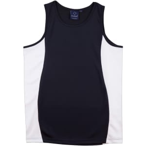A black and white men's singlet featuring a contrast mesh design and a logo.