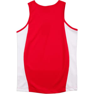 A red singlet with white contrast sides, featuring a logo on the upper back.
