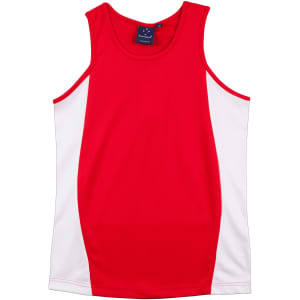 A red and white men's singlet with a contrast mesh design and a branding label at the neckline.