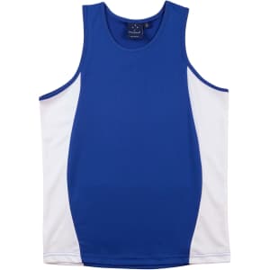 A blue and white men's singlet featuring contrast mesh panels and a logo.