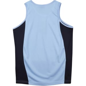 A light blue men's singlet with dark blue mesh contrast panels, featuring a branding logo on the back.