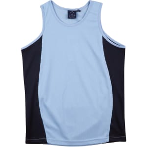 A light blue men's singlet with black contrast panels and a branding logo at the neckline.