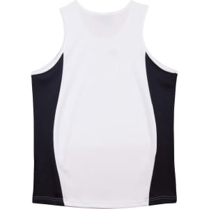 A men's singlet featuring a white front and contrasting black side panels, with a logo on the back.
