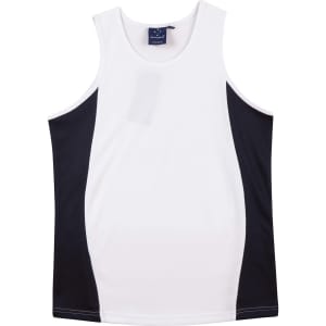 A white and black singlet featuring contrast mesh panels and a logo on the neckline.