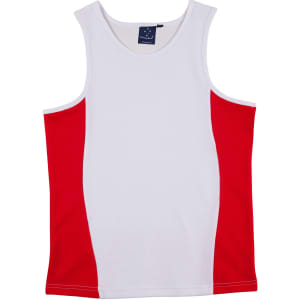 A red and white men's singlet with a mesh design, featuring a logo on the neckline.