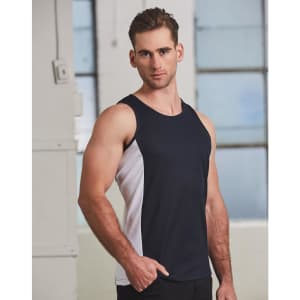 A men's cooldry contrast mesh singlet in navy and white, featuring a logo, with a fitted design.