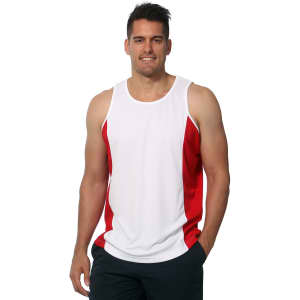 Men's singlet featuring white fabric with red contrast panels and a logo. Designed with a blend of style and comfort.