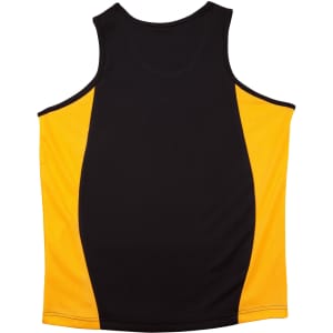 A black and yellow kid's singlet featuring a contrast mesh design and a logo on the front.