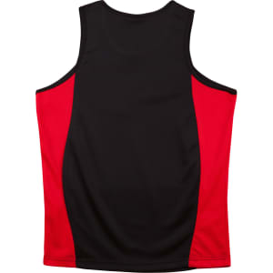 A black and red kids' singlet featuring contrast mesh panels and a simple design. It has a logo on the side.
