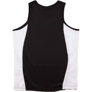 A black and white kid's singlet featuring a contrast mesh design and a branding logo.
