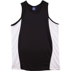 A black and white kid's singlet with contrast mesh panels, featuring a logo on the label.